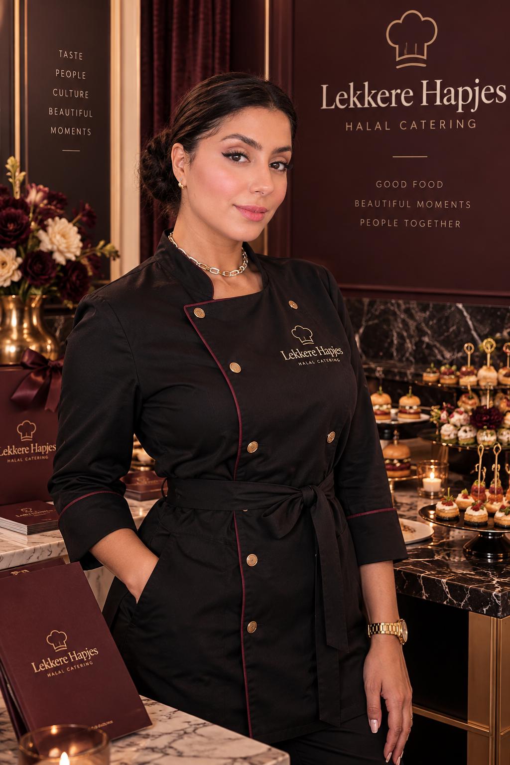 Rania, oprichter van Lekkere Hapjes, naast een opgemaakt buffet
